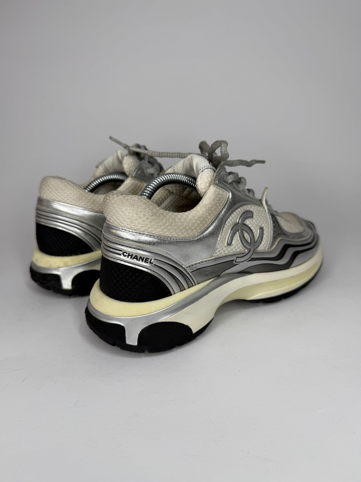 Chanel CC  Silver/White Leather and Mesh Low Top Sneakers Size 38 EU/ 8 US
