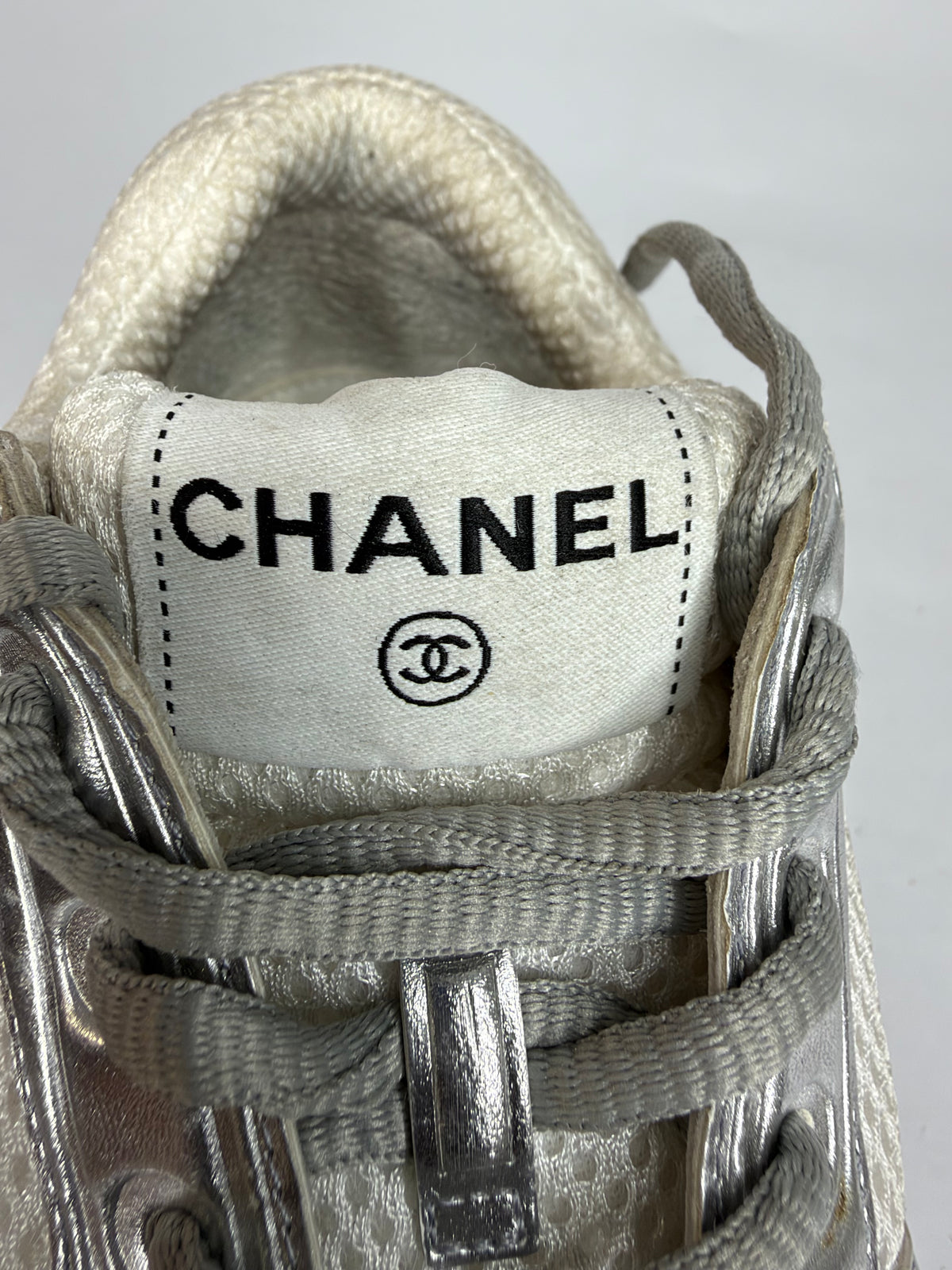 Chanel CC  Silver/White Leather and Mesh Low Top Sneakers Size 38 EU/ 8 US