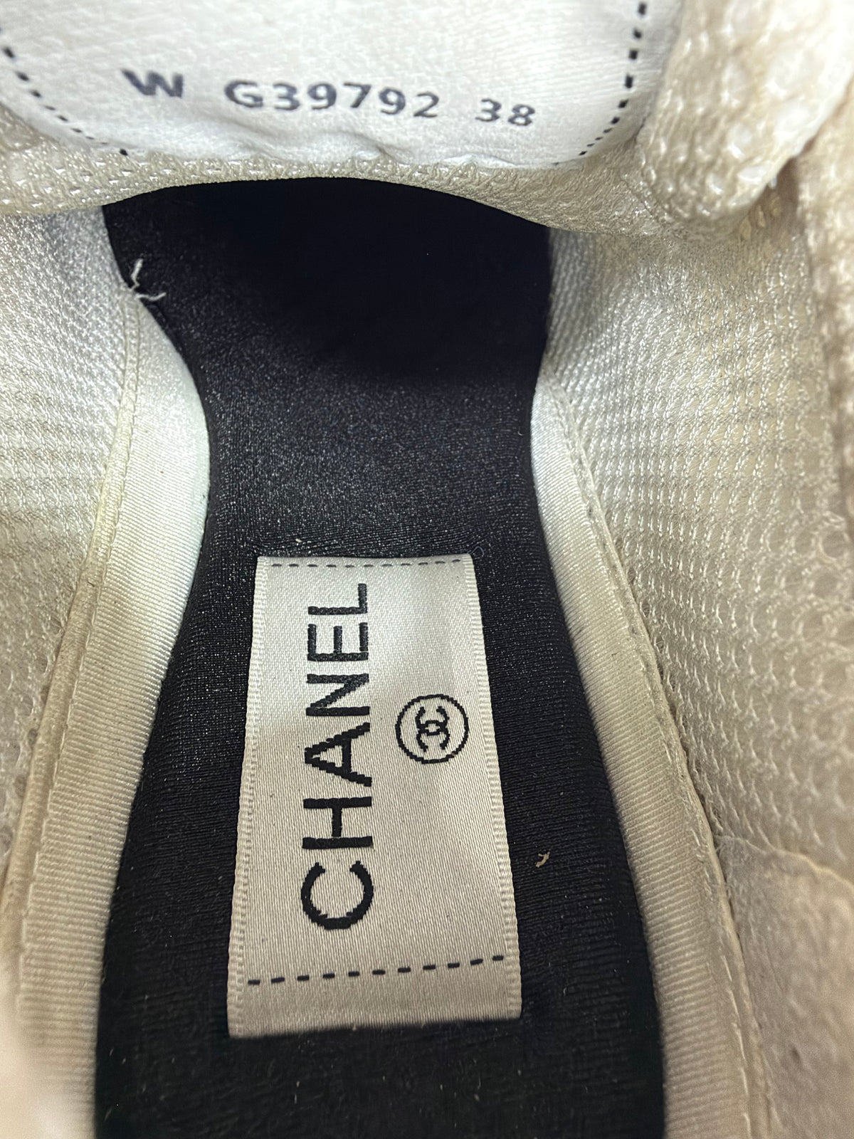 Chanel CC  Silver/White Leather and Mesh Low Top Sneakers Size 38 EU/ 8 US