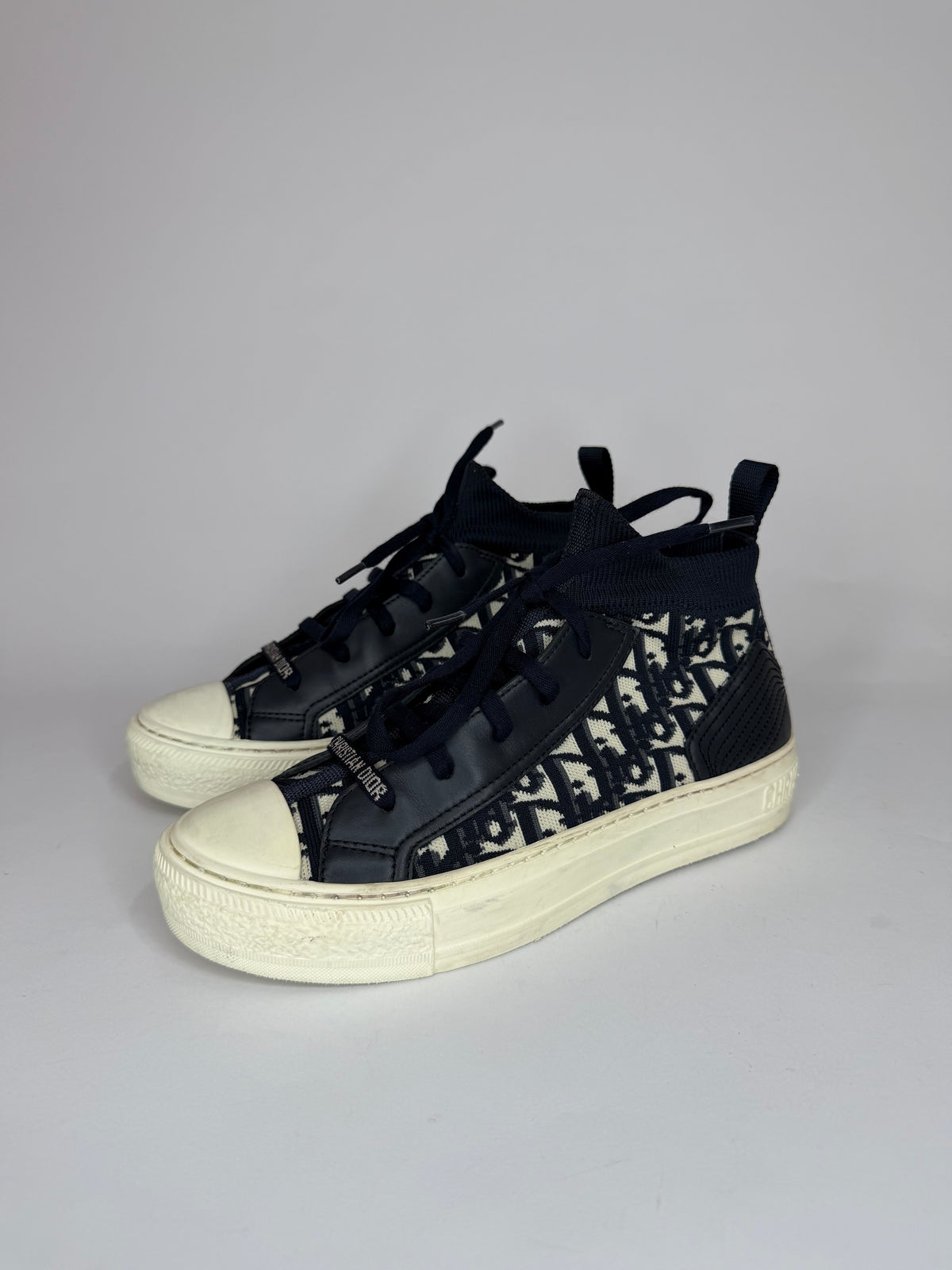 Dior Navy Blue Leather and Knit Fabric Walk n Dior High Top Sneakers Size  37 EU/ 7 US