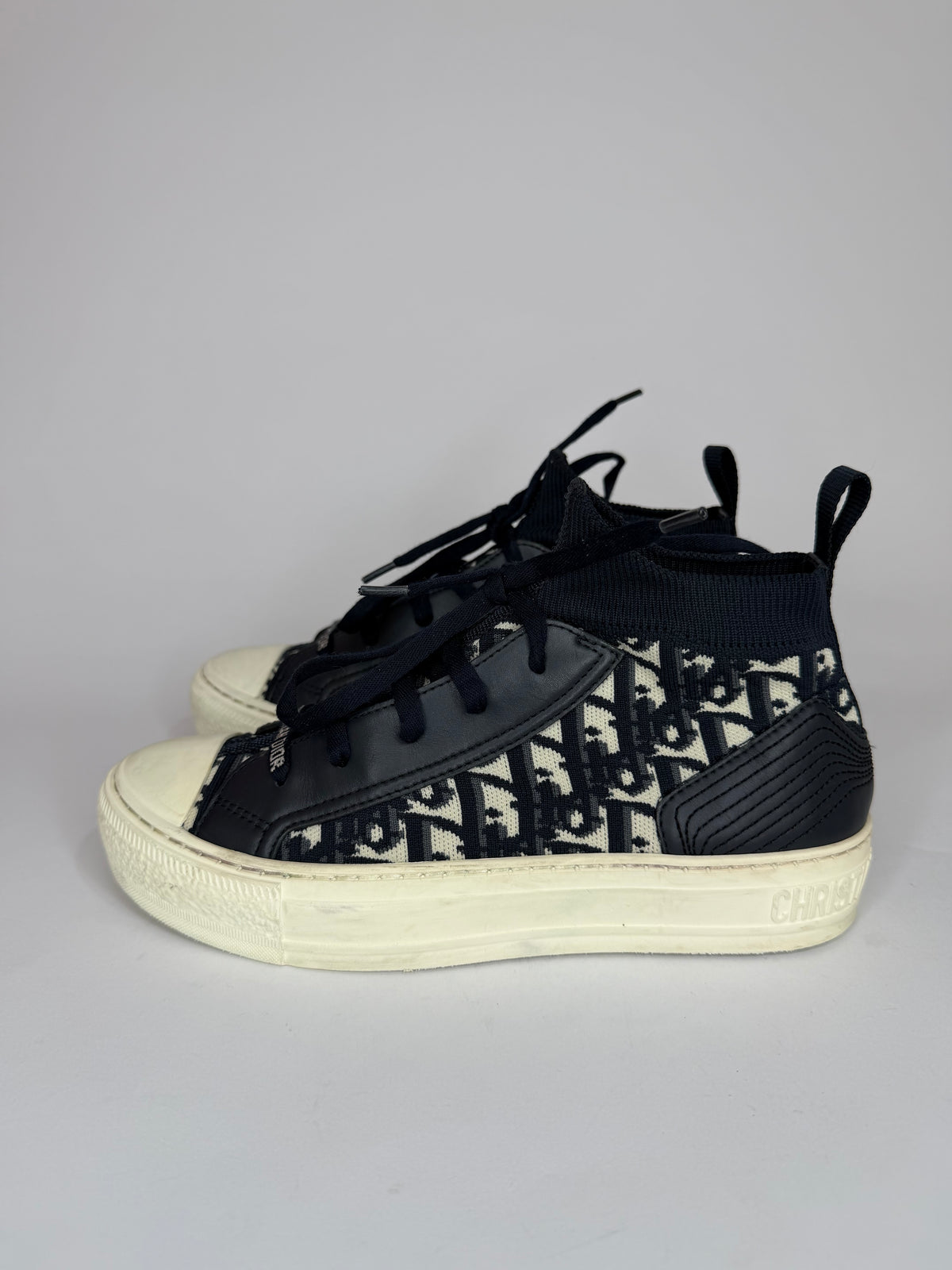 Dior Navy Blue Leather and Knit Fabric Walk n Dior High Top Sneakers Size  37 EU/ 7 US