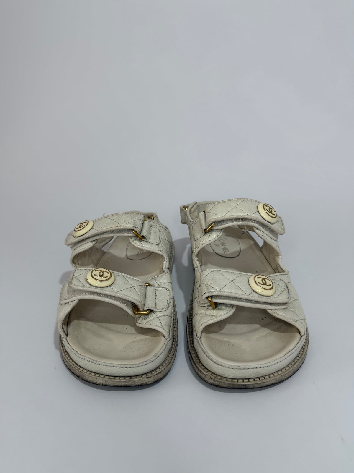 Chanel White Quilted Leather Dad CC Velcro Strap Flat Sandals Size 37 EU/ 7 US/ 4 UK