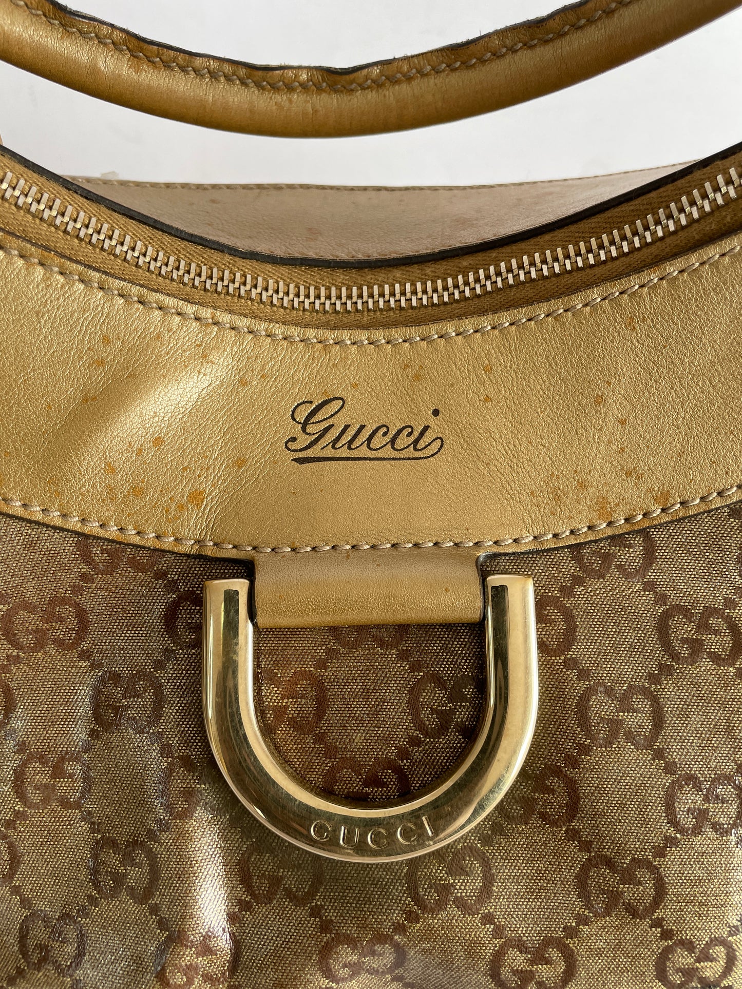 GUCCI Beige/Gold GG Canvas Large D Ring Hobo Bag