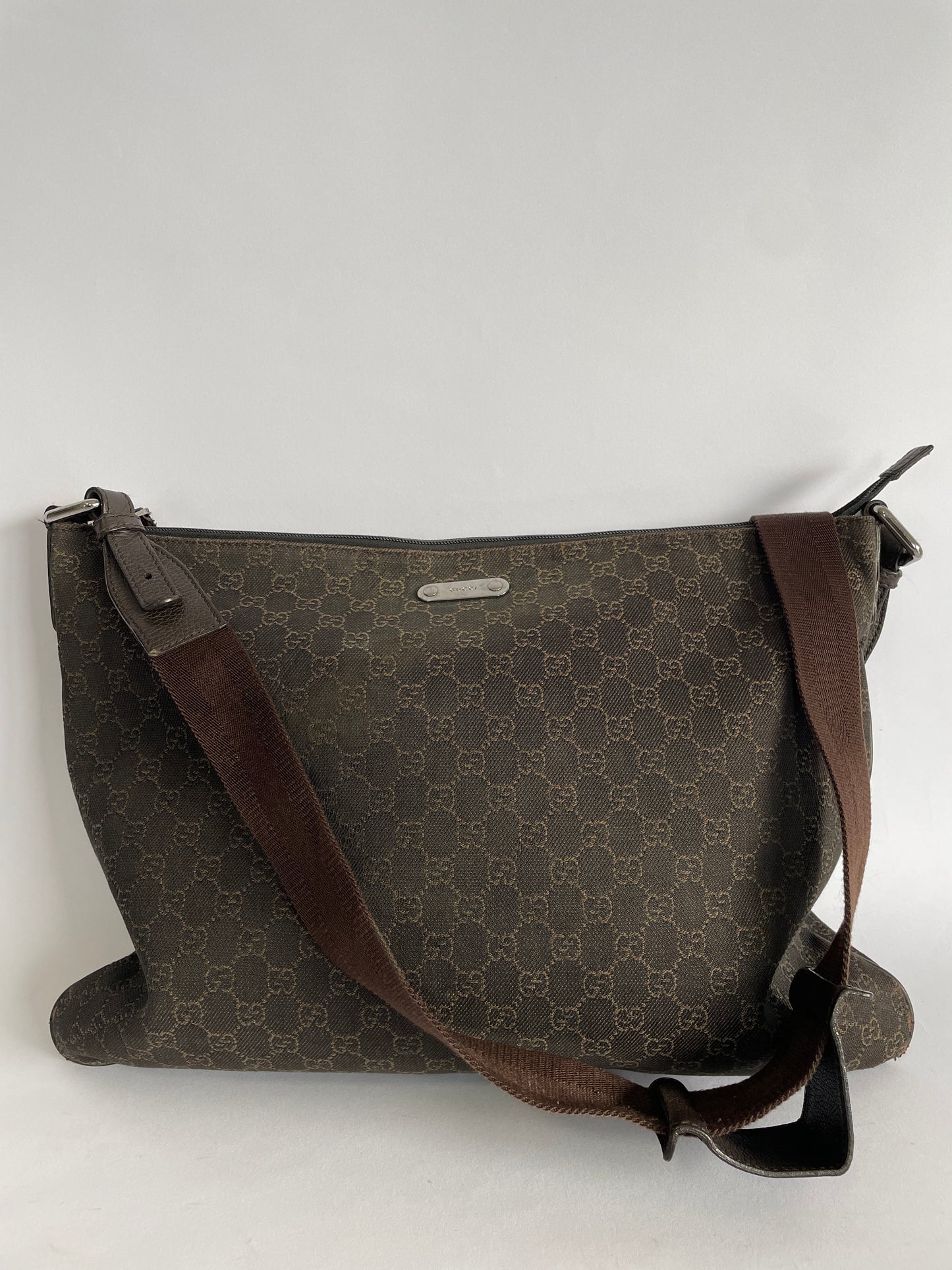 GUCCI Denim Monogram Messenger Bag Dark Brown