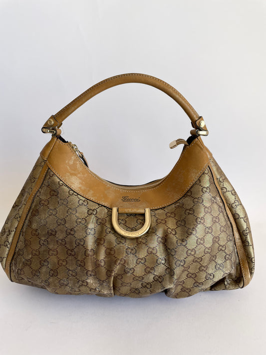 GUCCI Beige/Gold GG Canvas Large D Ring Hobo Bag