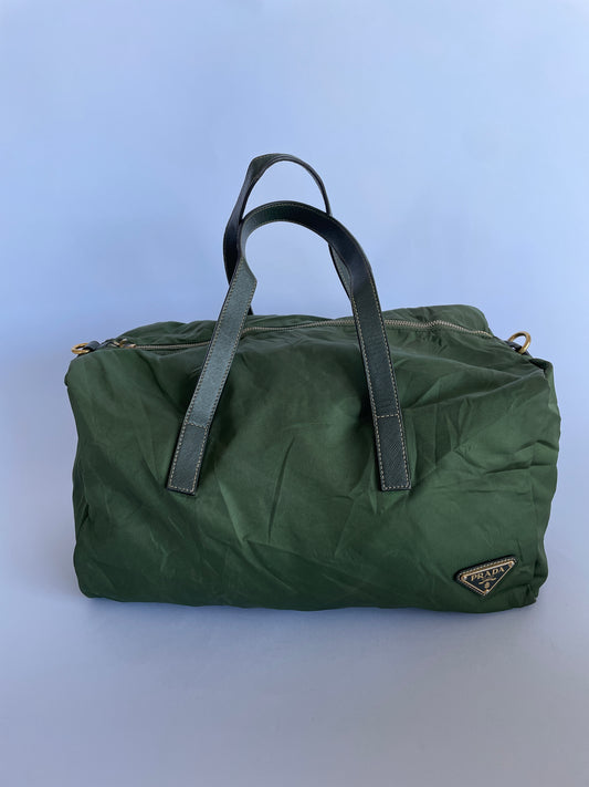 Prada Green Nylon and Leather Duffle Bag